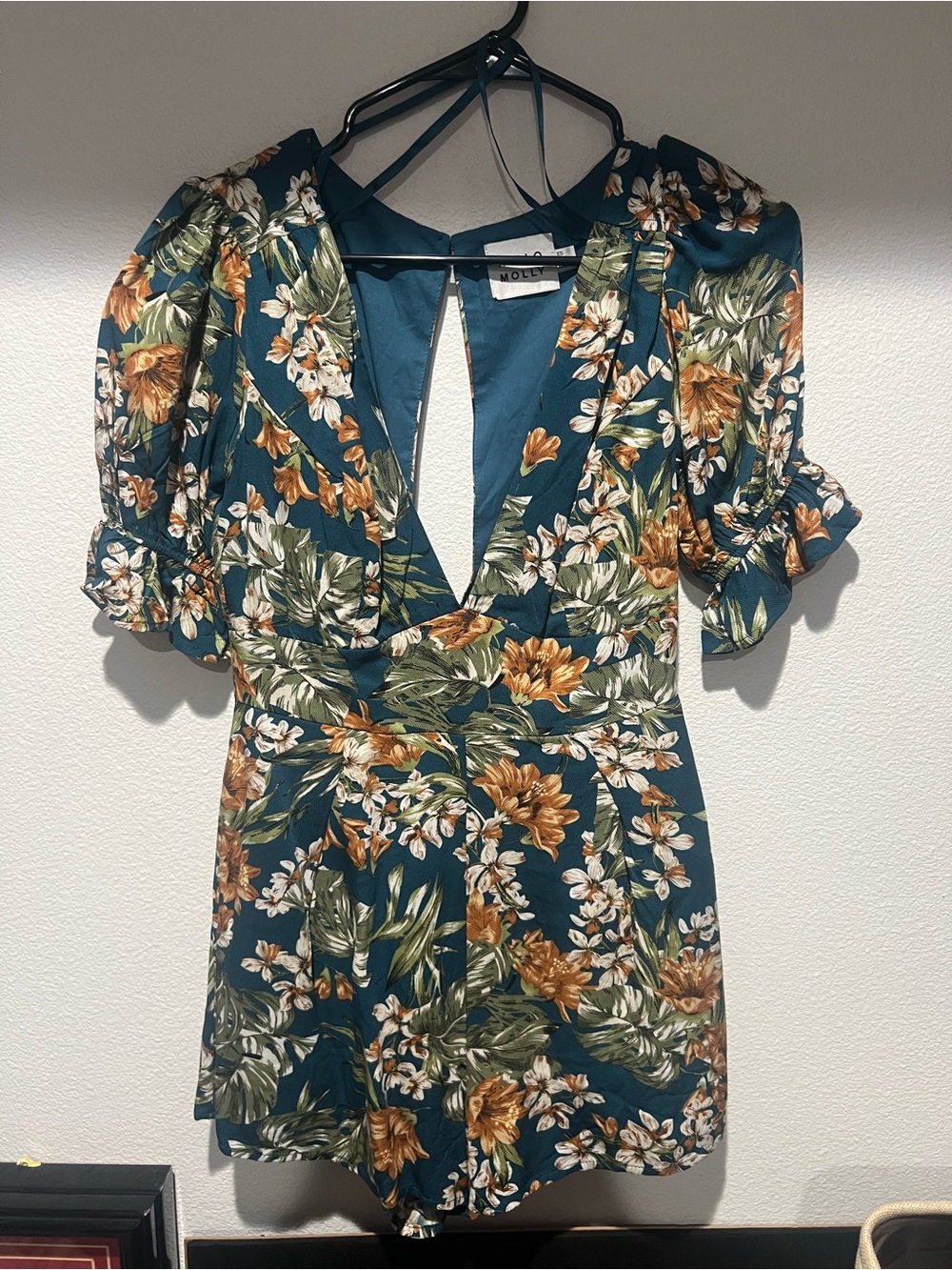 Hello Molly Teal Floral Backless V-Neck Mini Dress